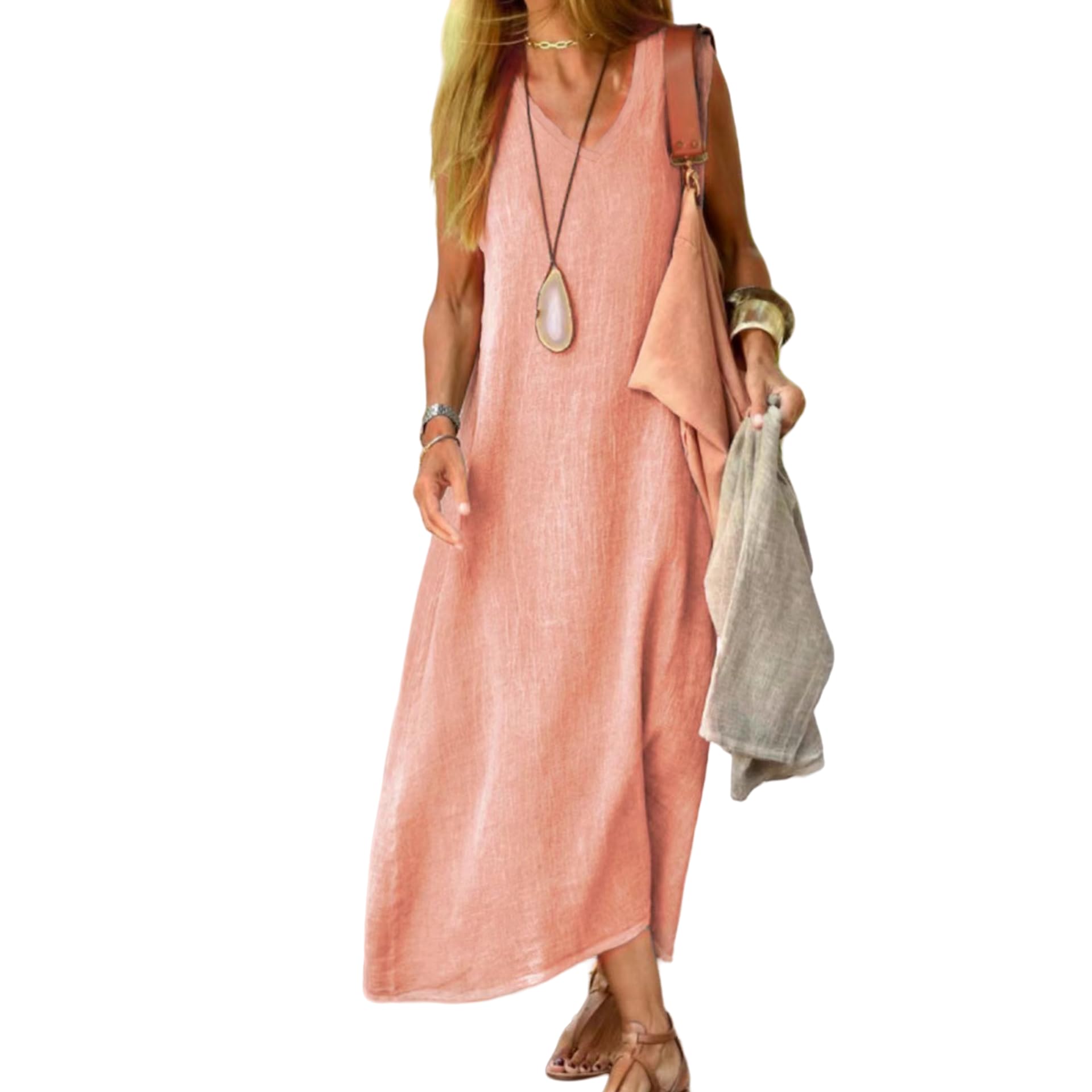 Juketron 2024 Summer Dresses Woman V Neck Sleeveless Tank Long Dress Solid Color Beach Vestidos Cotton Linen Casual Loose Sundress