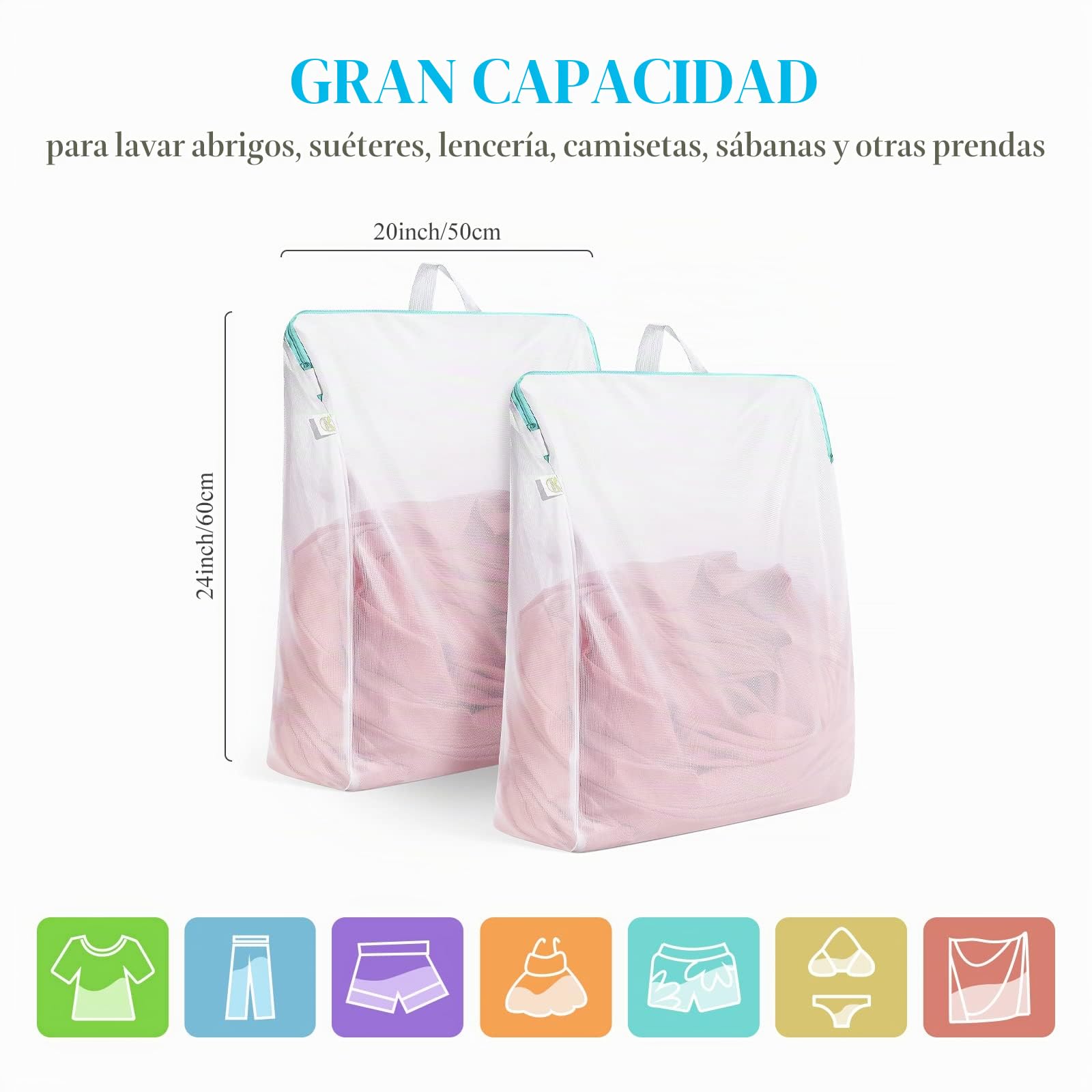 OTraki Bolsas para Lavadora con Asas 50 x 60cm 2PCS Bolsa para Ropa Sucia Reutilizable Bolsa para la Colada Grande con Cremallera para Ropa Delicada, Dormitorios Universitarios y Apartamentos