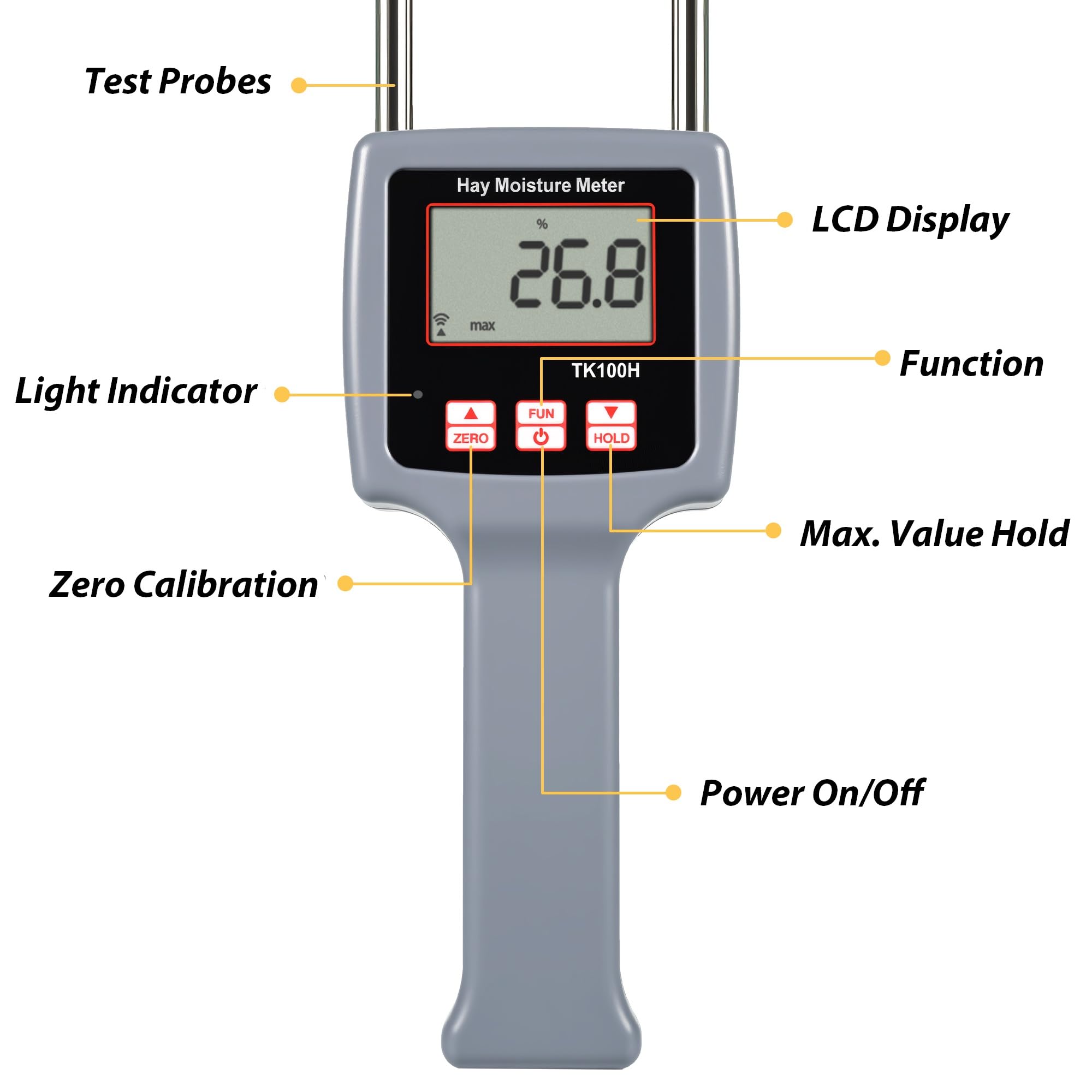Misuratore di umidità di precisione per fieno, digitale LCD, rilevatore di umidità per balle di fieno, misuratore di umidità portatile con sonda di umidità per balle di fieno, intervallo 0-84%, tenuta