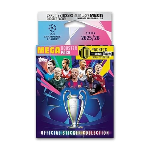 Autocollants Ligue des Champions 25/26 – Mega Booster Pack (contient 67 autocollants).