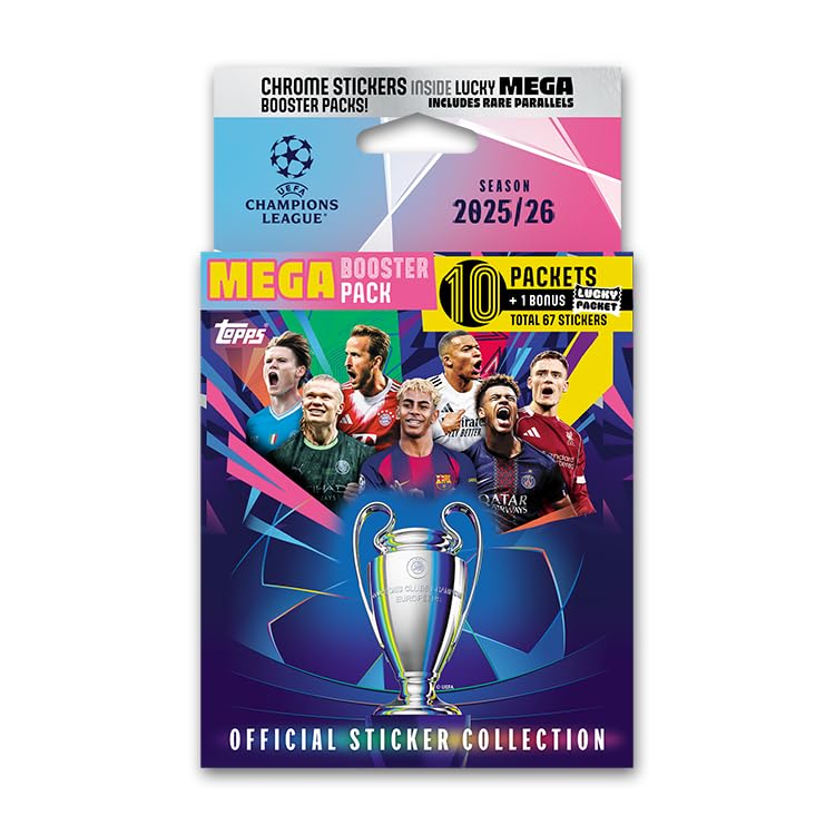 Autocollants Ligue des Champions 25/26 – Mega Booster Pack (contient 67 autocollants).