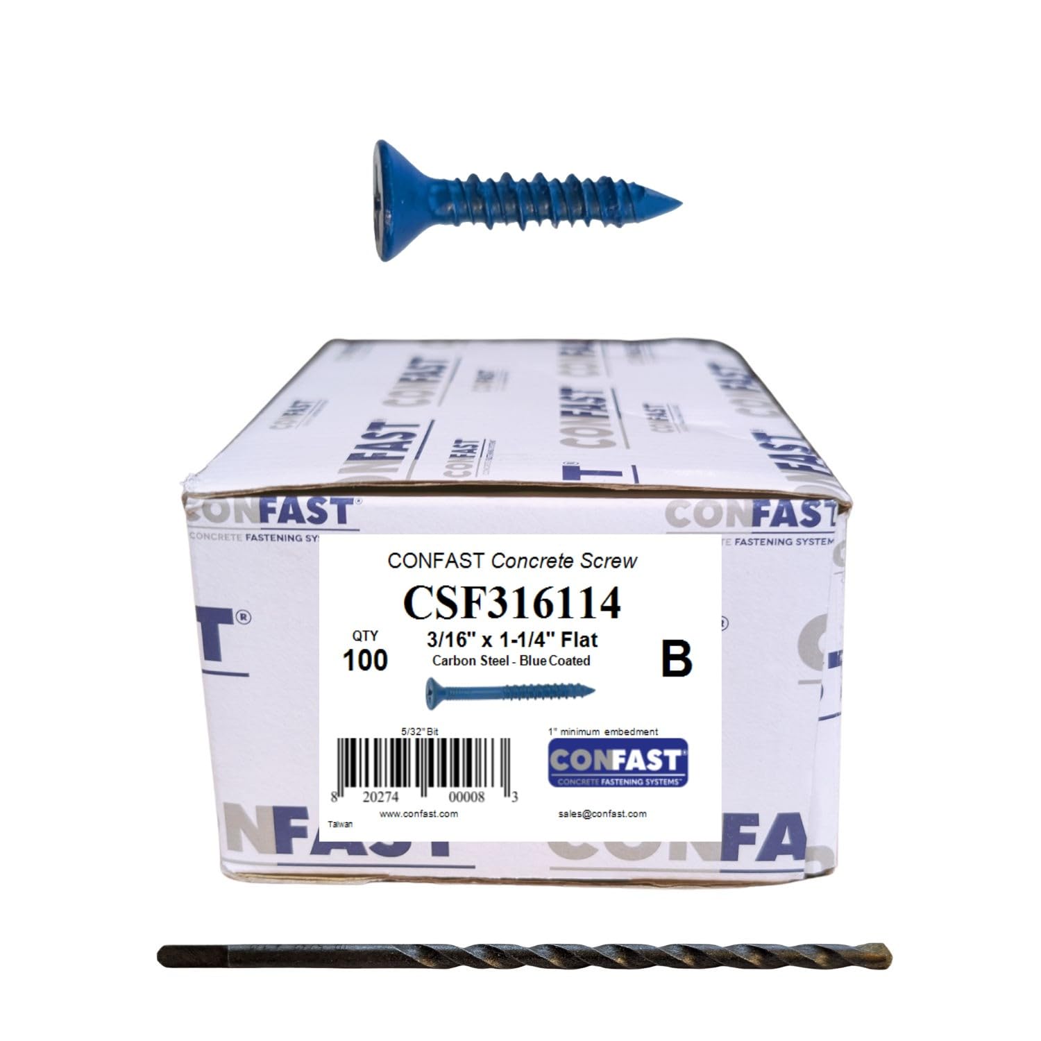 CONFAST 3/16" x 1-1/4" Blue Flat Phillips Concrete Diamond Point Screw Anchor with Drill Bit for Anchoring to Masonry, Block or Brick (100 per Box)