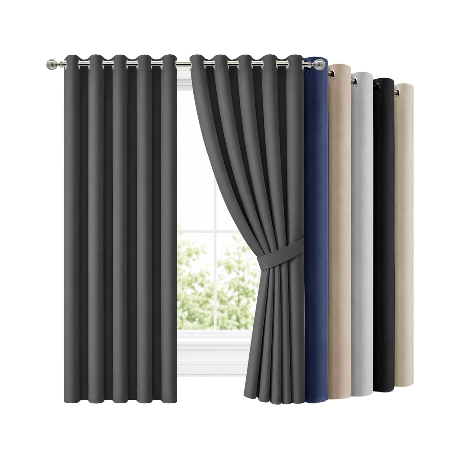 Hafaa Blackout Curtains for Bedroom 66x84 Inch Eyelet Grey Curtains for Living Room Super Soft Thermal Curtain and Drapes 2 Panels with Tiebacks