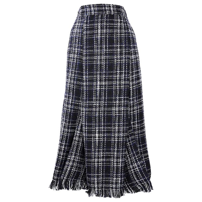 Womens Plaid A-Line Midi Skirt High-Waist Checkred Swing Skirt with Tassels for Fall Winter - Date Casual