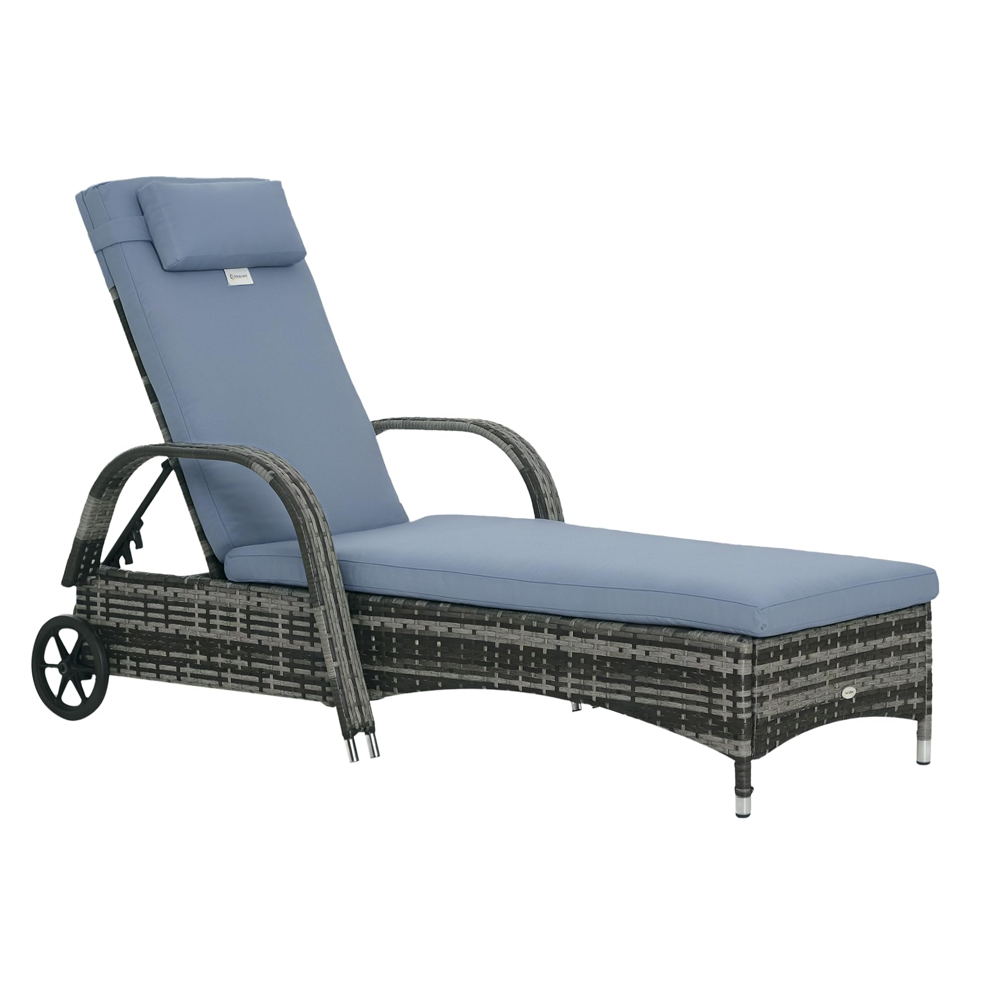 Outsunny Rattan Sun Lounger, Garden Lounger Recliner with Wheels and Adjustable Backrest, Outdoor Reclining Sunbed Garden Chair with Cushion and Headrest for Patio, Beach, Terrace, Grey