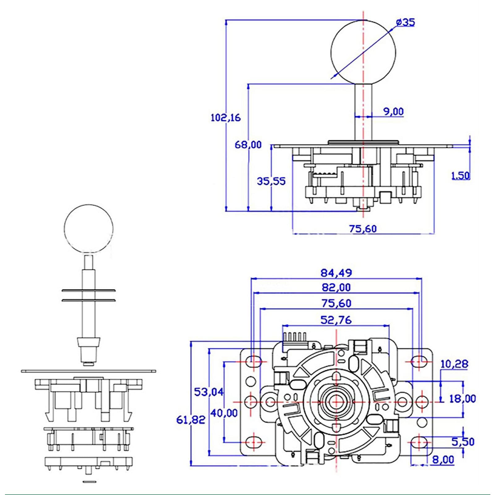Joystick, Rocker & Ball & Spacer, Game DIY kit Replacement Parts, Pin Circuit Board with Ball for ( 61.82 x 84.49 x 102.16mm ) (Transparent)