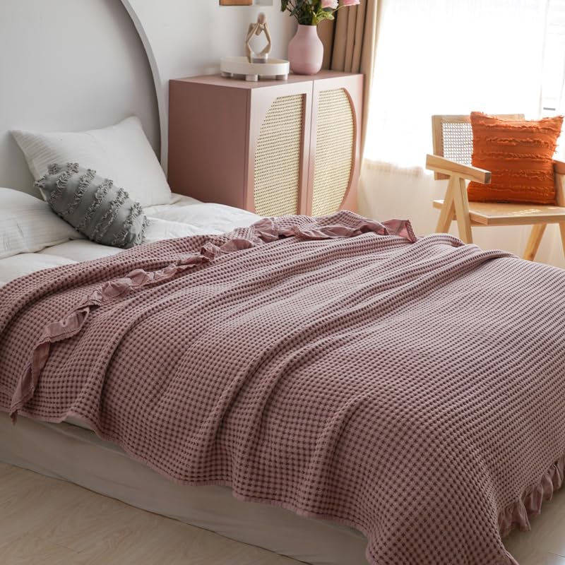 Waffeldecke aus 100% Baumwolle, Rosa, 200x230 cm, mit Rüschen, Ganzjahresdecke für Bett und Sofa (Nussbraun‑Rosa, 200 * 230cm)
