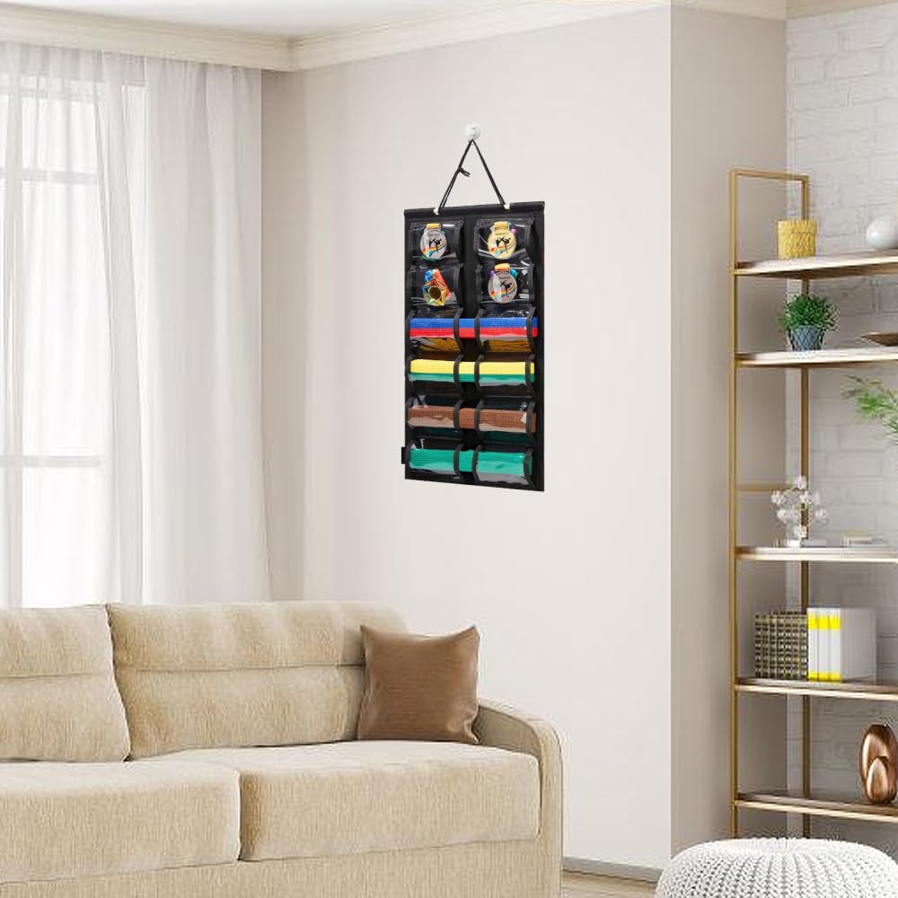 Espositore Cinture Karate Parete, Organizer 12 Tasche per Cintura Arti Marziali e Medaglie, Appendimedaglie in Tessuto Resistente, Pratico per Karate Taekwondo