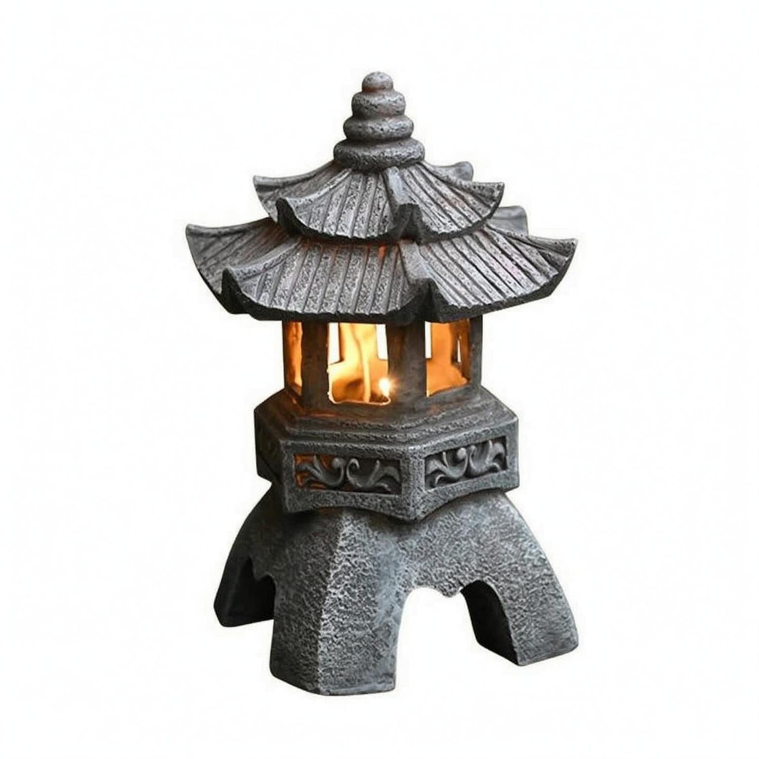 Stone-Like Solar Lantern Ornament Freestanding Solar Garden Lantern Antique Style Standing Garden Light Textured for Courtyard, Patio, Landscape Display, Double Hexagonal B-image-14