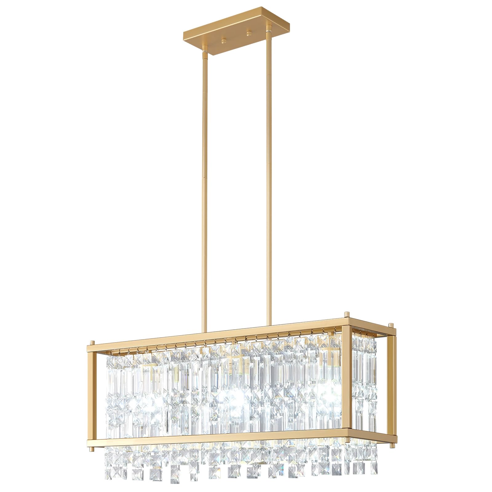 BBLLWJ 3-Light Dining Room Light Fixture 25.98 inch Rectangular Crystal Chandelier Gold Metal Pendant Light Industrial Farmhouse Chandelier for Kitchen Island Living Room Flat and Inclined Ceiling