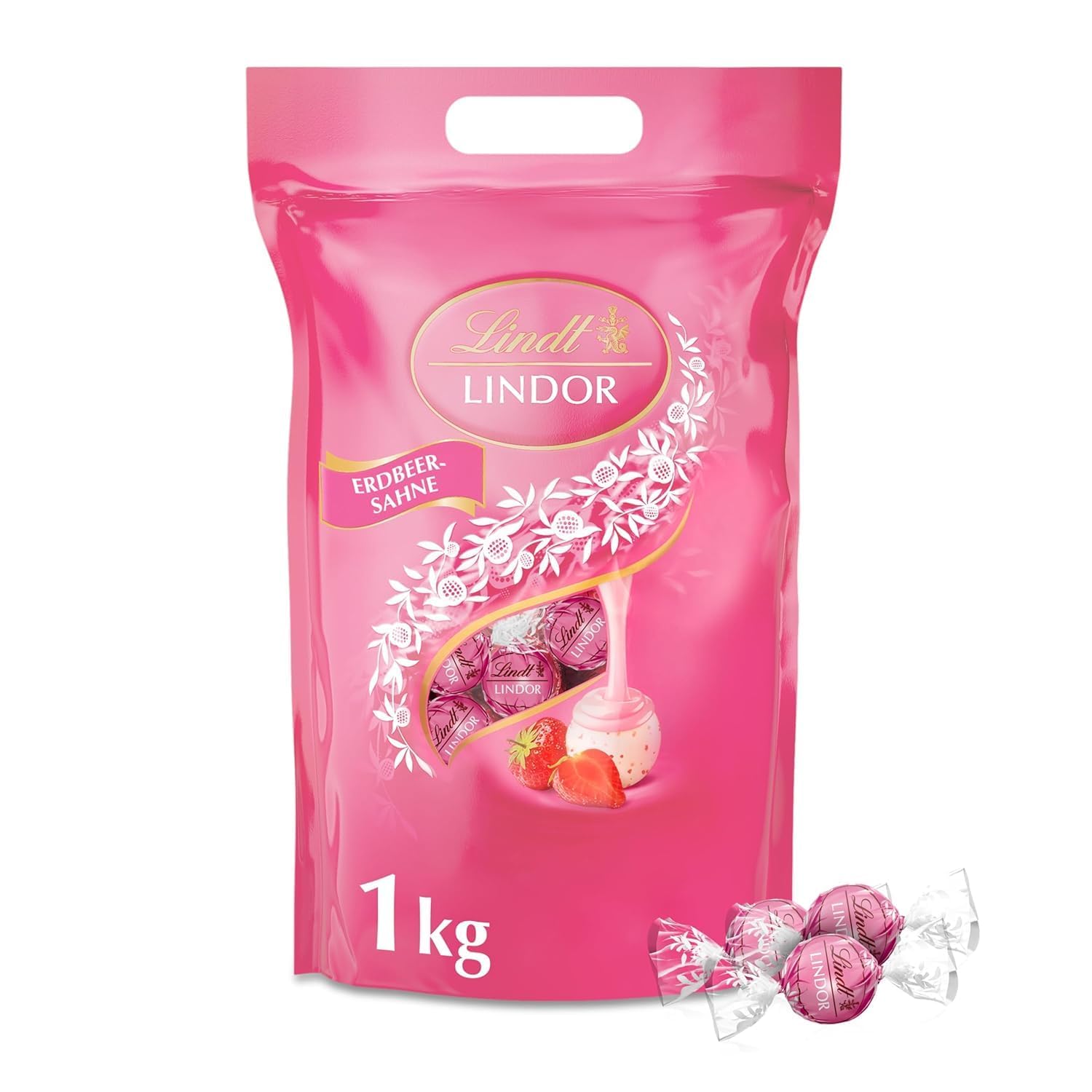 Lindt LINDOR Schokoladen| 1 kg Beutel, wiederverschließbar | ca. 80 Kugeln weiße Schokolade mit Erdbeer-Sahnecrème | Großpackung, Pralinen-Geschenk
