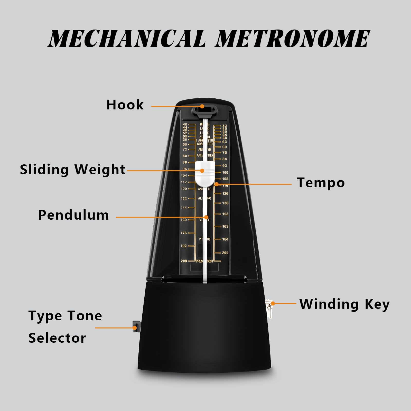 Métronome mécanique universel noir pour piano, guitare, violon et autres instruments