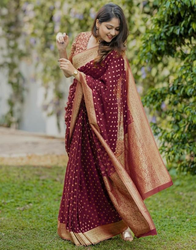 SIRIL Women's Banarasi Soft Silk Saree With Unstitched Blouse Piece (4181S117_Maroon) - Image 3 thumbnail