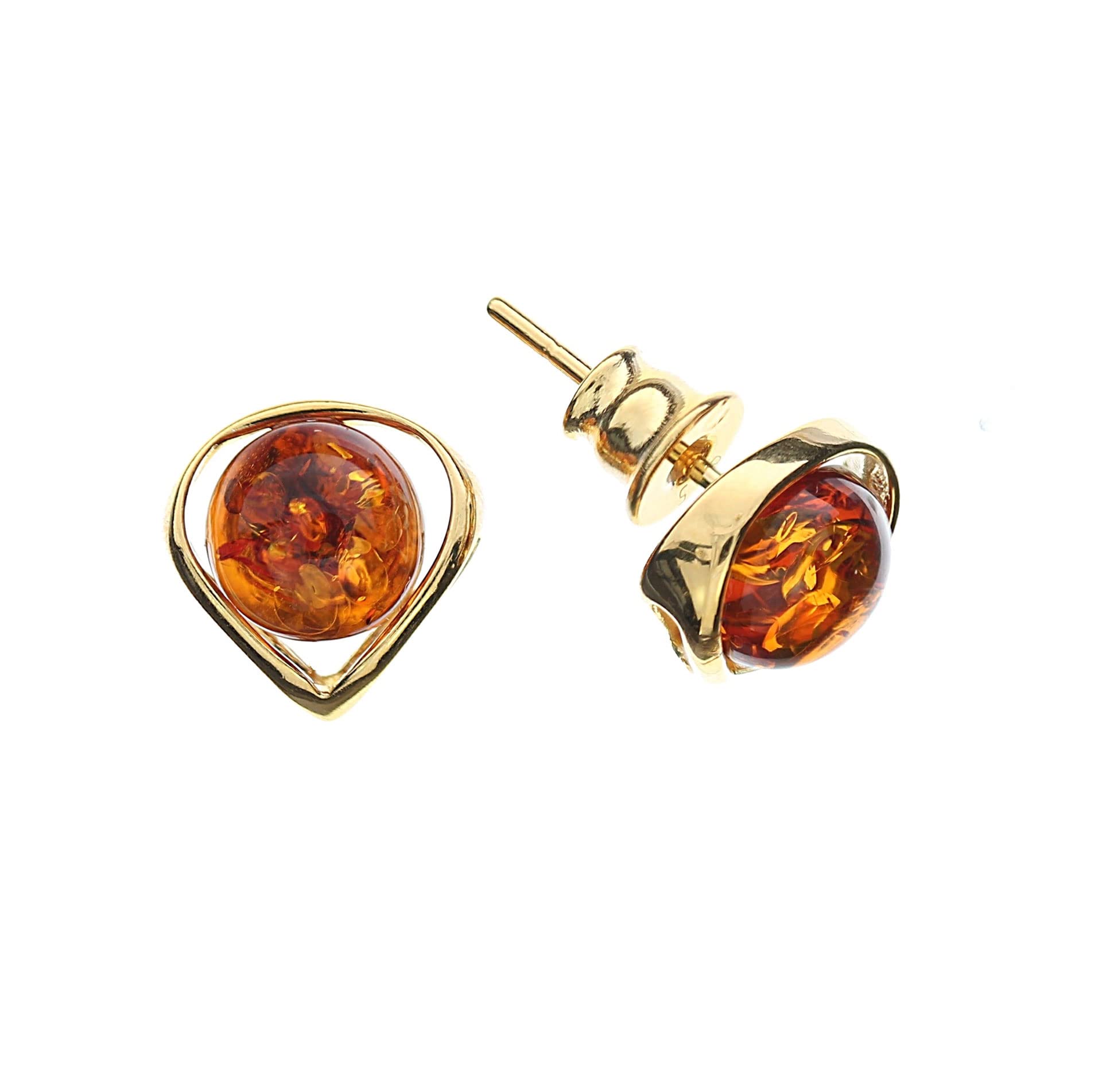Orecchini A Perno 8MM Pietra Ambra Contorno Vermeil Argento + Placcato Oro