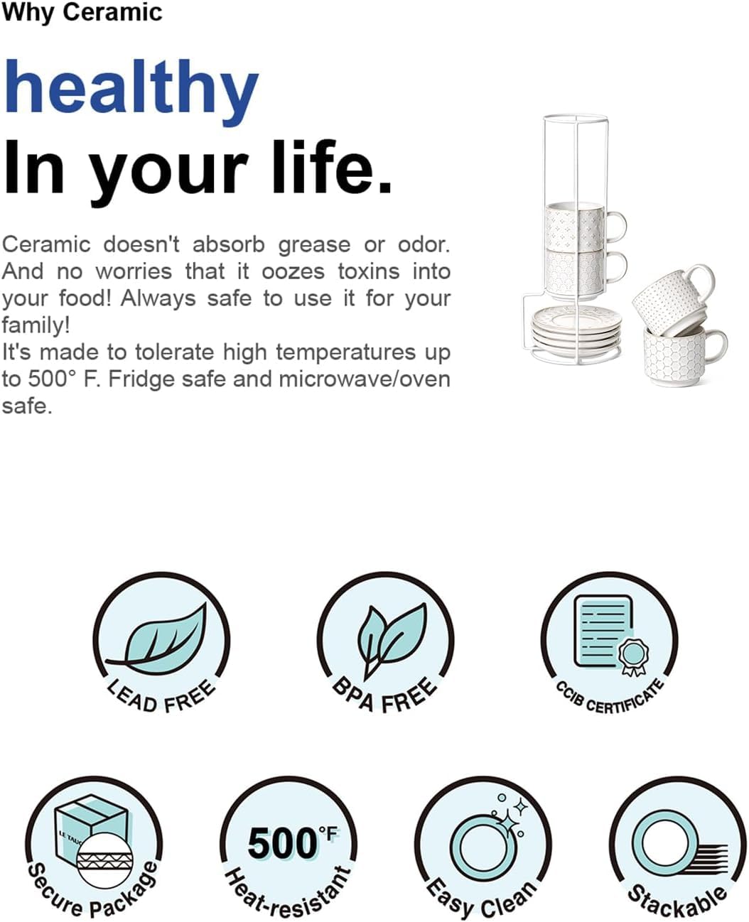 LE TAUCI Stackable Cappuccino Cups with Saucers and Stand, Embossed Ceramic Coffee Mugs for Au Lait,Latte, Cafe,Mocha,Tea, Suit For Housewarming Wedding- 8 oz, Set of 4, Arctic white