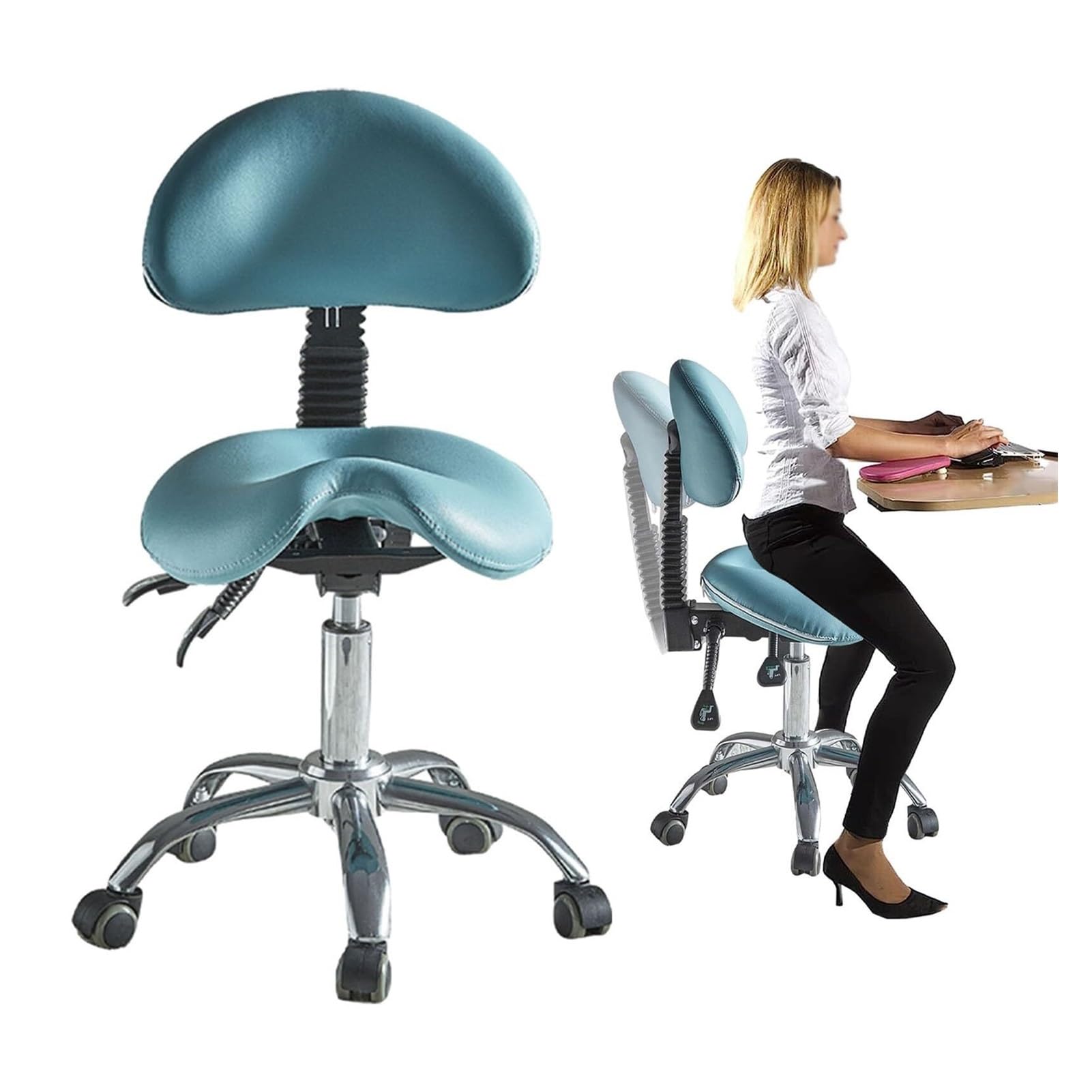 METTEOR New Saddle Stool Adjustable Rolling Salon Chair Blue, Hydraulic Saddle Chair for Esthetician Hygienist Dentist, Ergonomic Saddle Seat Stool with Back