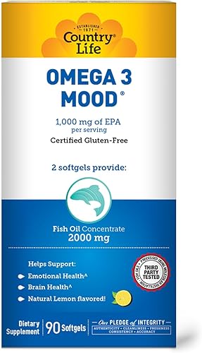 Miniatura 4 de Country Life Omega 3 Mood, aceite de pescado de 2000 mg con EPA y DHA, 180 cápsulas blandas, certificado sin gluten