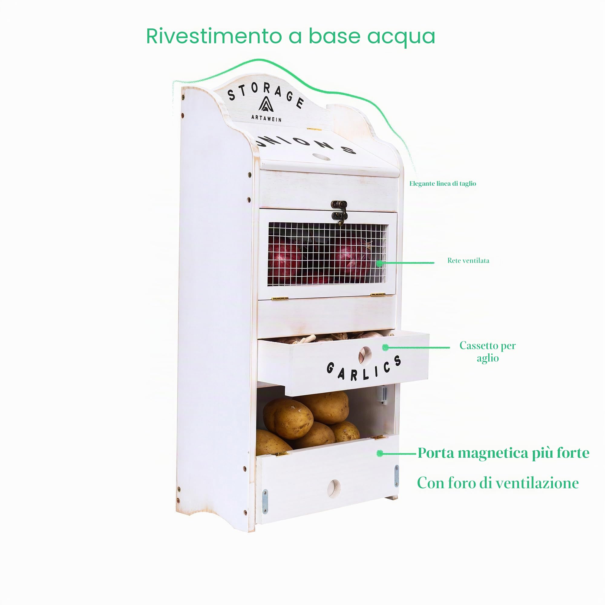 ARTAWEIN Contenitore per verdure in legno di pino per patate, cipolle e 1 cassetto per aglio e verdure, per la conservazione della cucina, contenitore per verdure in legno massiccio, 35 cm di