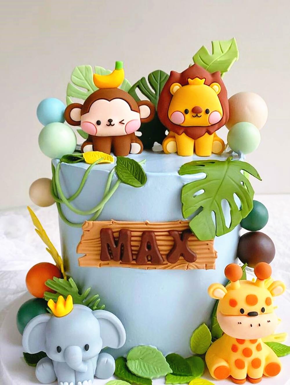JeVenis Jungle Animals Cake Decoration: 8pc Safari Cake Decoration Set - Giraffe, Lion, Elephant, Monkey, Birthday Sign, Trees - Earth Tones