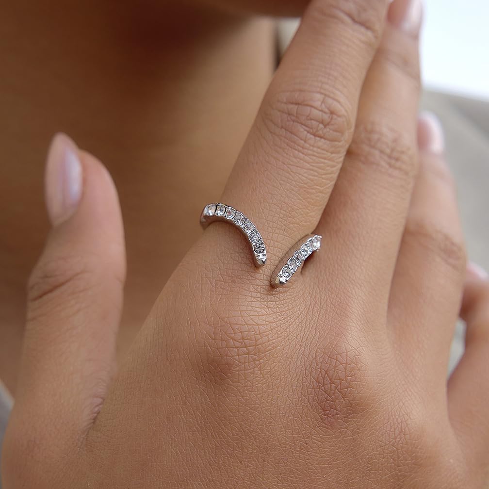 CZ Open Chevron Ring Stainless Steel Adjustable Stacking Dainty Cubic Zirconia V Shaped Wrap Finger Rings Wedding Open Statement Engagement Promise Eternity Band Sparkly Jewelry for Women Ladies
