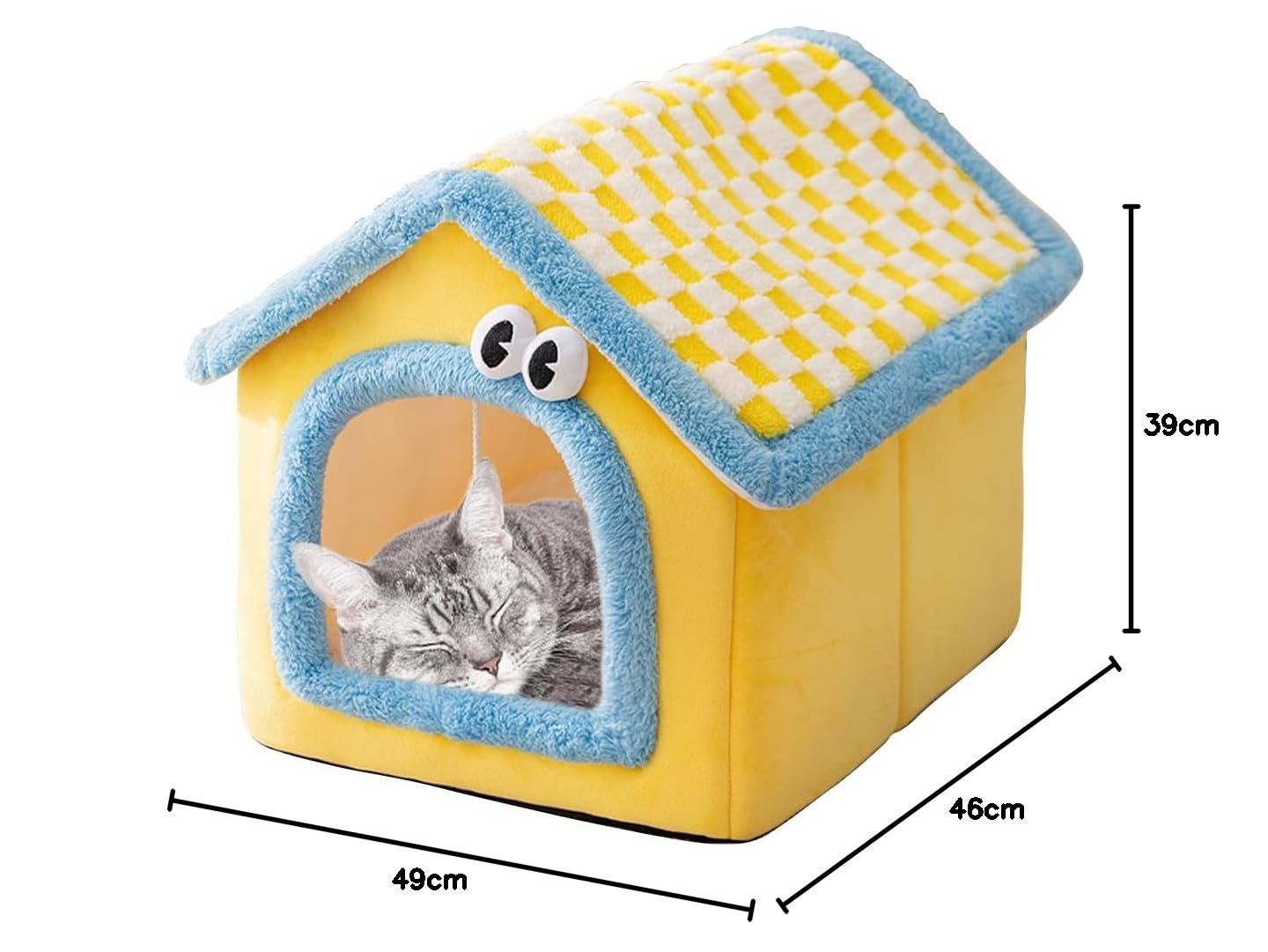 Galatée Casa para Gatos, Linda Cueva con Chimenea, Casa Suave con Dibujos Animados, Cálido Refugio para Gatos, Tienda De Campaña para Perros con Cojín Extraíble(L, Amarillo)