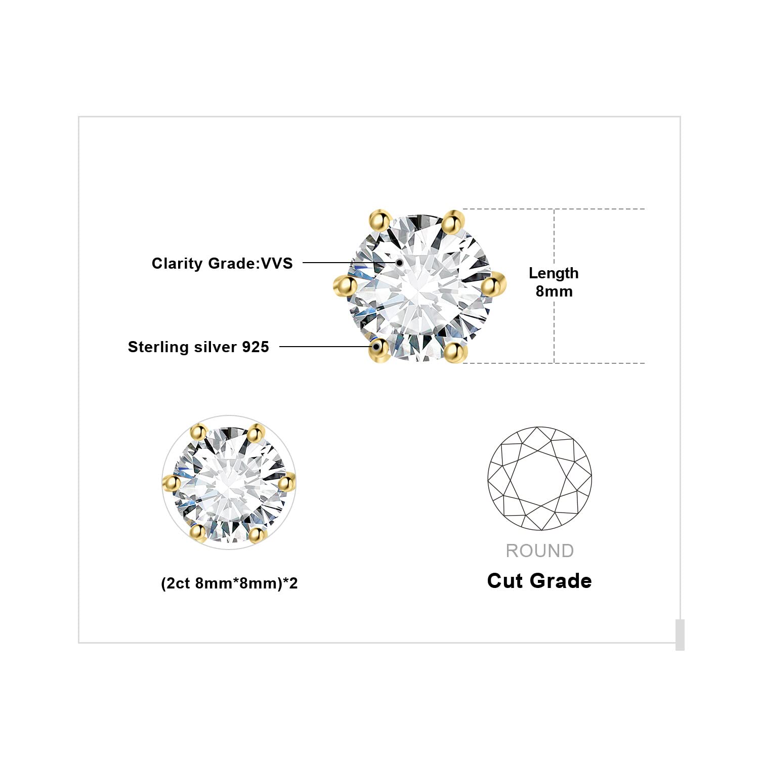 JewelryPalace Pendientes de Tuerca Redondos, Solitario Mujer Plata Oro 14k Oro Rosa, Pequeños Diamante Simulado, Niña Clásicos Piedra Conjunto Joyas Novia