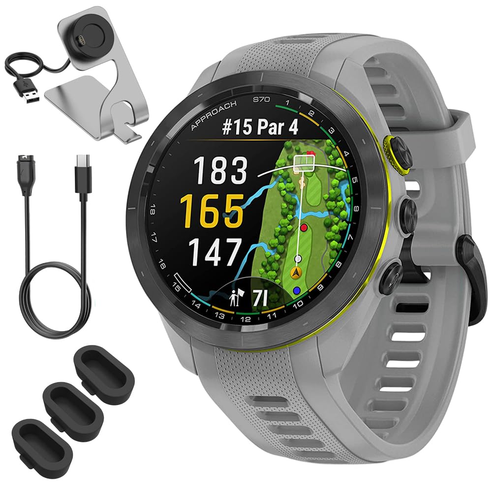 Garmin 010-02746-01 Approach S70 42 mm Premium GPS Golf Watch, Powder Grey Band Bundle with Deco Essentials Charging Dock, 3X Silicone Dust Cover and USB Type C Charging and Sync Cable