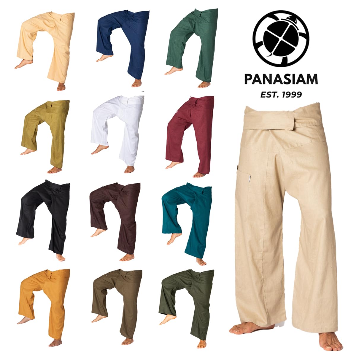 PANASIAM Pantaloni da Pescatore Thai - Pantaloni a Portafoglio in Canapa | Per donna & uomo, pantaloni yoga & arti marziali, vita regolabile, tecnica a portafoglio, tinta unita