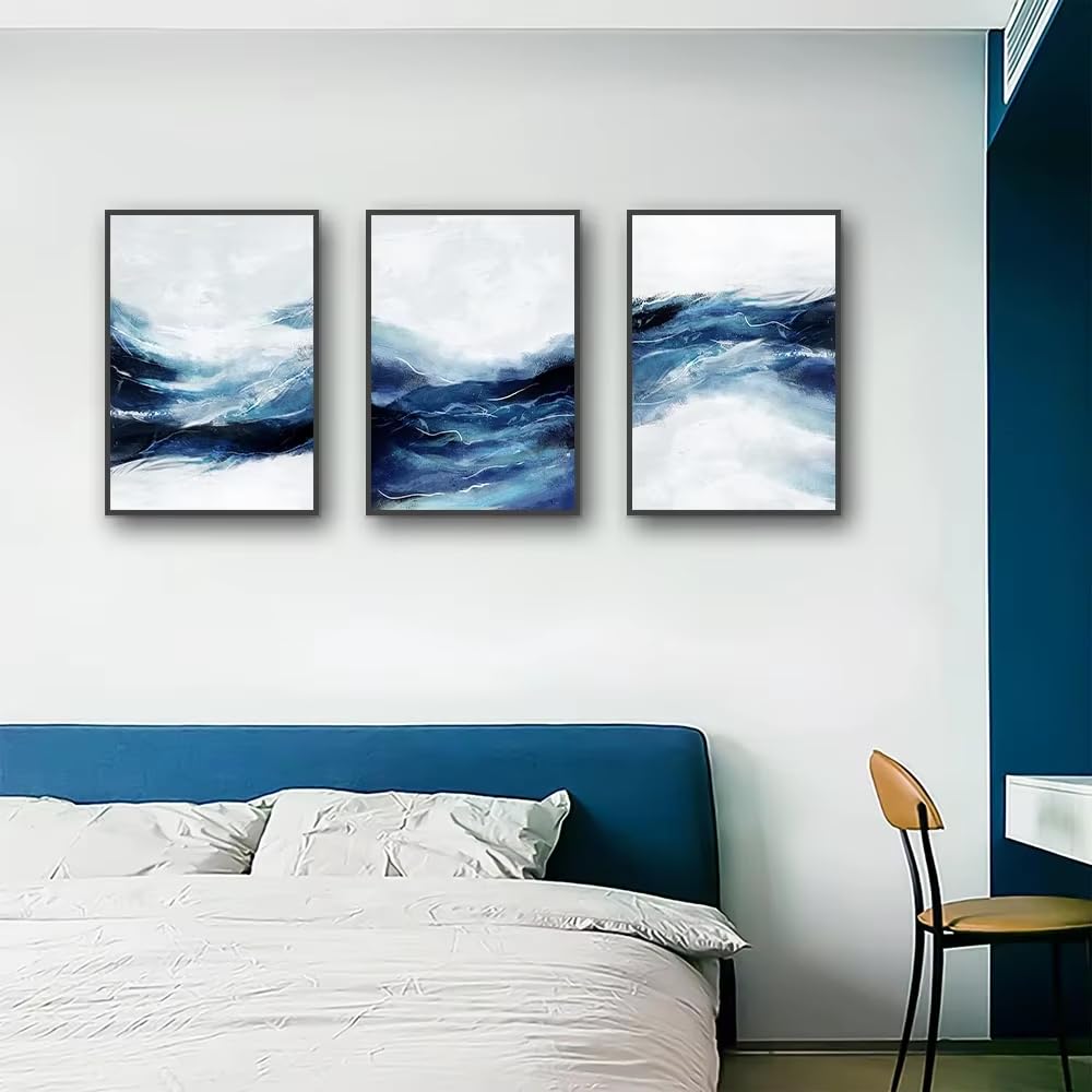 UIJKNFD 3-teiliges abstraktes weißes, schwarzes und blaues Wellenposter auf Leinwand, Wandbild, Schlafzimmerbilder für Wohnzimmerdekoration (75 x 110 cm x 3 / ohne Rahmen)