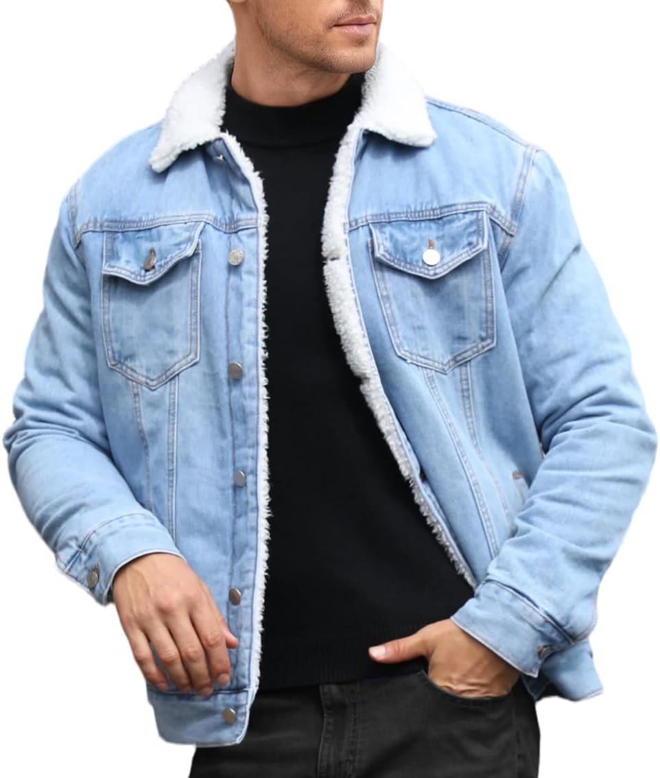 TENGINE Men's Sherpa Lined Trucker Jacket Winter Fleece Lined Denim Coats Slim fit Casual