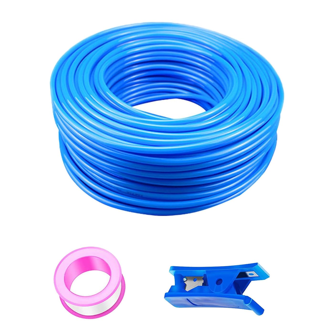 HUAZIZ 50 m Blau PU Pneumatikschlauch, Pneumatic Polyurethane Schlauch, Flexibel Druckluftschlauch, Außen 8 mm x Innen 5 mm + 1 Stück Blau Schlauchcutter +1Stück Rosa Teflonband