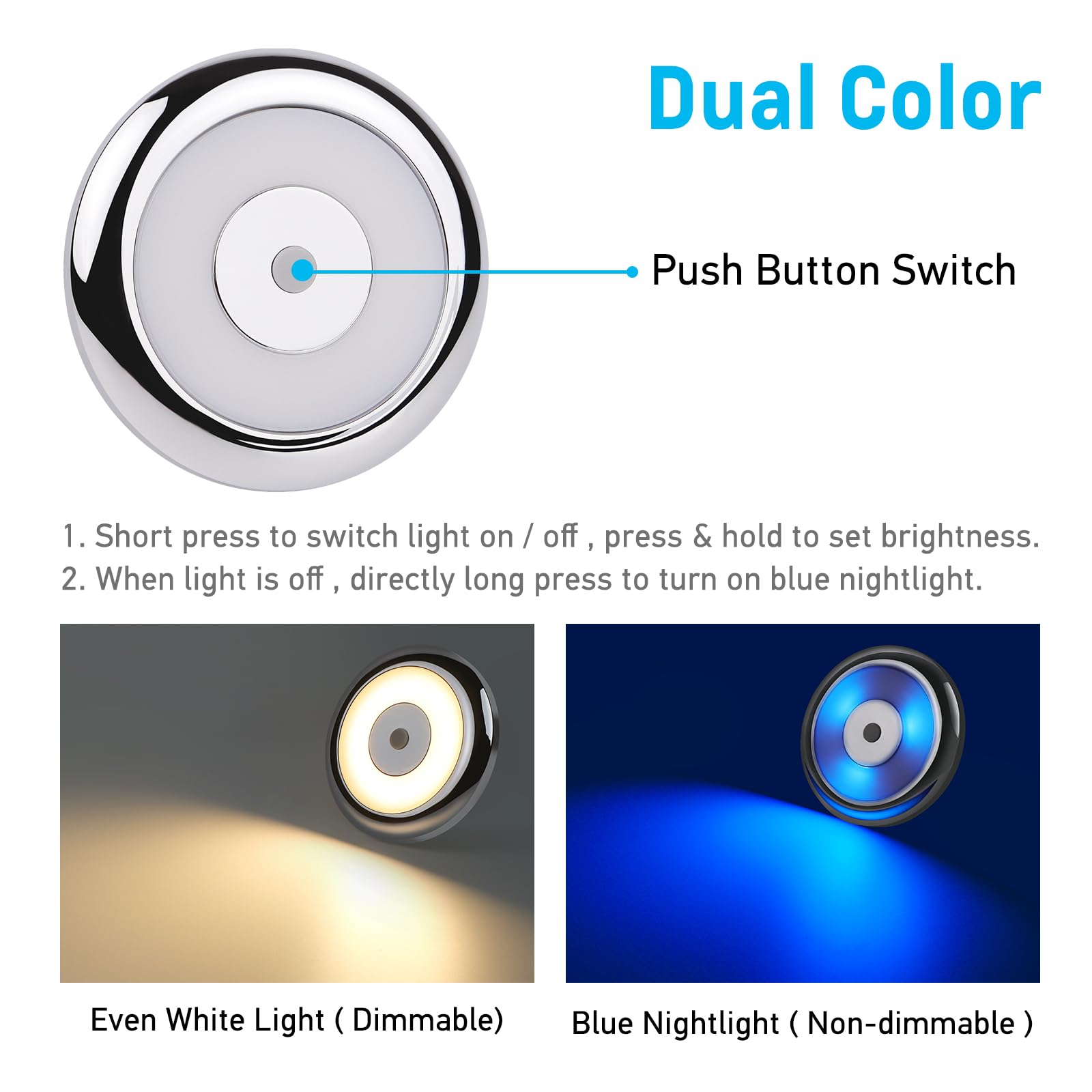 acegoo LED Plafoniera 12V per Camper Illuminazione Interna, Due colori (bianco caldo/blu) per Auto Caravan Barca Yacht, con Interruttore dimmer integrato, 3000K 235lm 4PCS Cromo Materiale PC