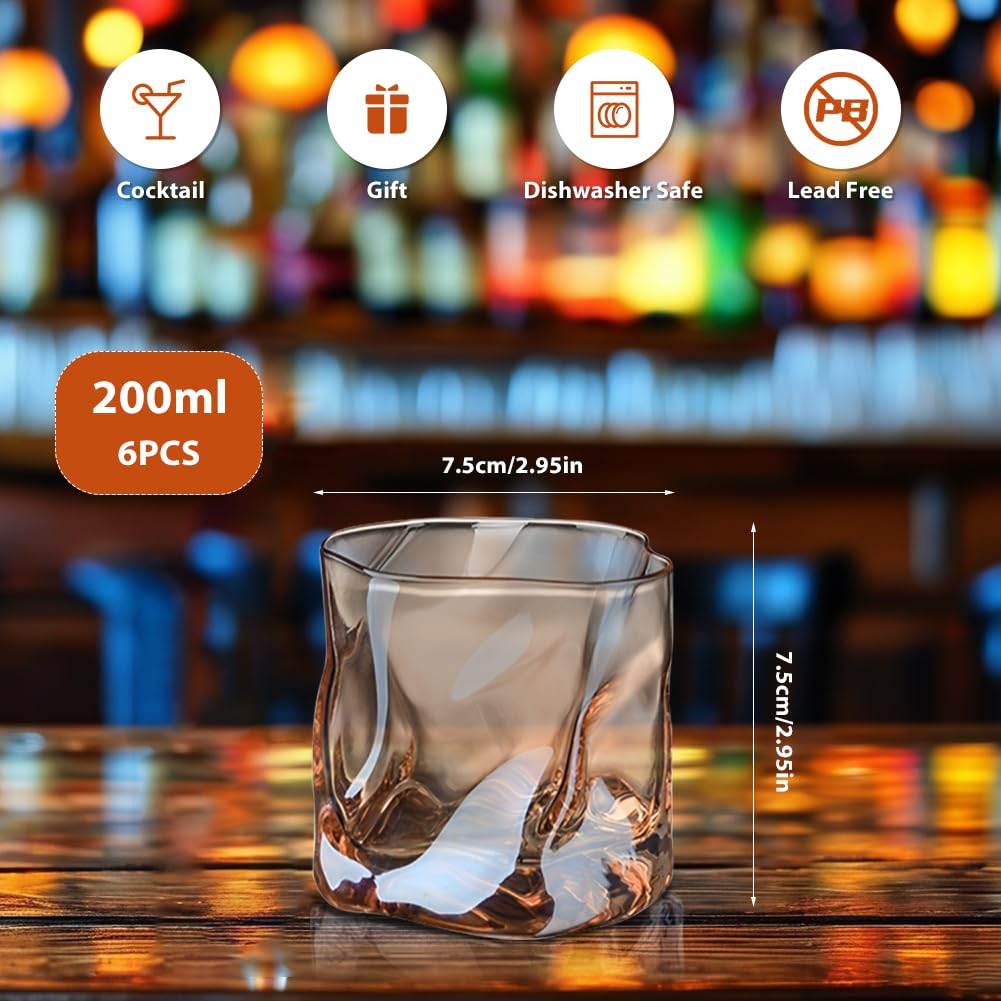 Set di 6 Bicchieri da Whisky da 200 ml, Cristallo Irregolare, per Casa, Ristoranti, Feste, Idea Regalo di Compleanno