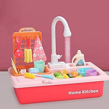 VikriDa Play Sink with Running Water, Kids Play Kitchen Toy Sink Electronic Dishwasher, Pretend Role Play Kitchen Toys Set with Upgraded Working Faucet and Dishes Playset for Girls, Toddler and Girls