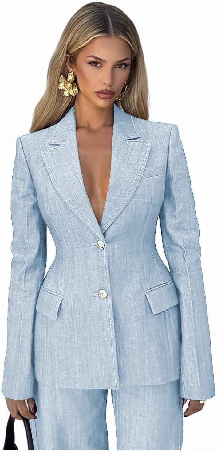 Denim Suits for Women 2 Piece Dressy Casual Womens Suit Business V Neck 2 Button Womens Suits FXZ19
