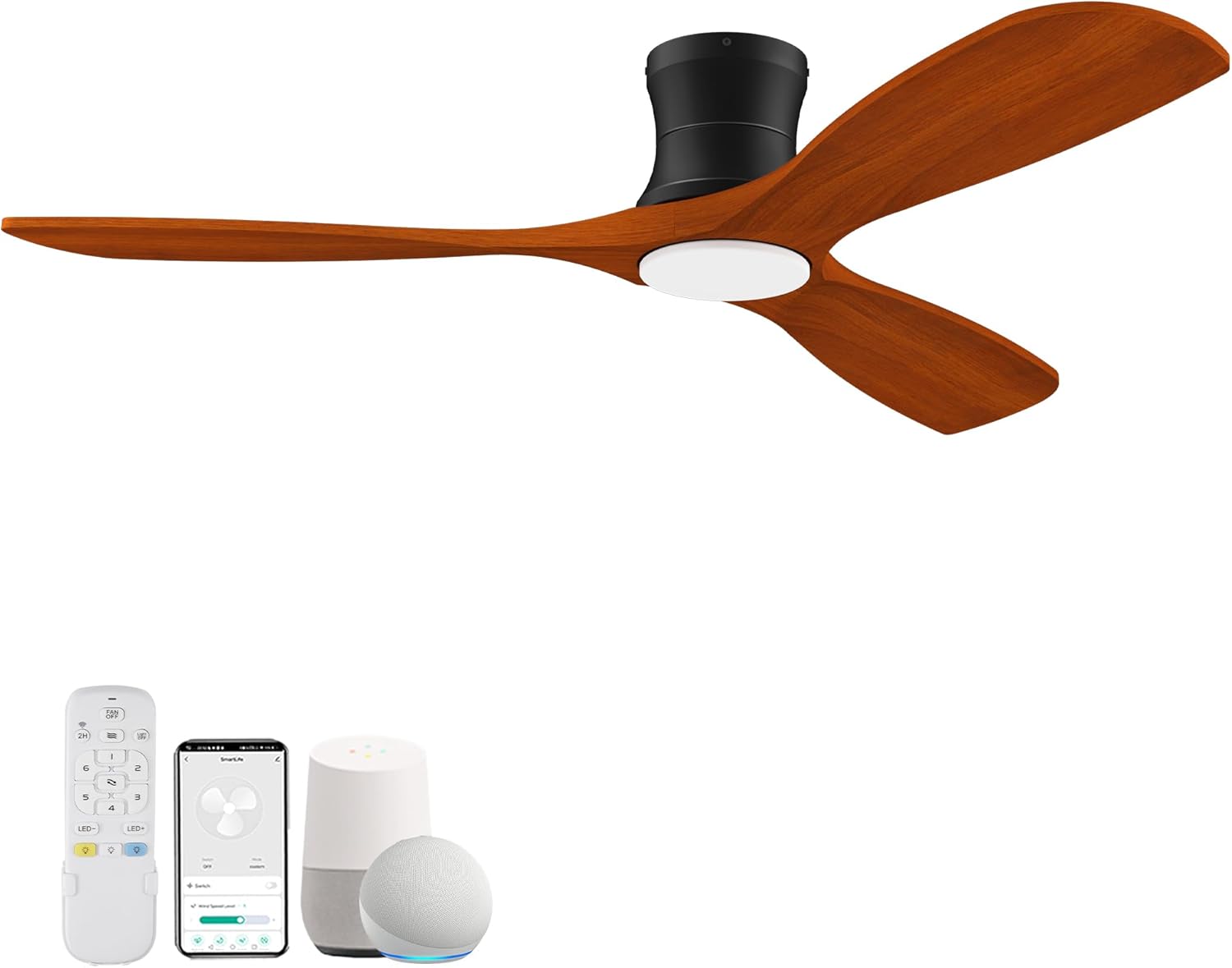 52' Smart Wood Low Profile Ceiling Fan with Lights Remote, Quiet DC Motor, Outdoor Indoor Flush Mount, Voice Control via WIFI Alexa App, Modern Dimmable Lighting for Bedroom Patio