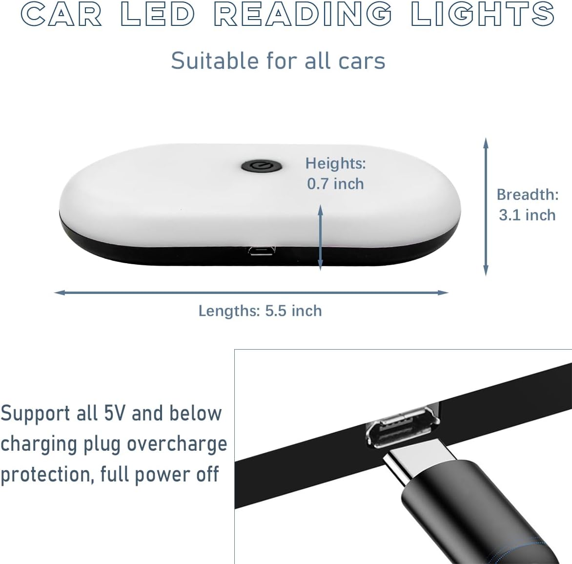 povtii Car Interior Ceiling Roof Light, 3 Color Auto Dome Light Reading Light, Wireless USB Rechargeable Dome Lamp for Vehicle RV Camping Bedroom, Universal Car Accessories
