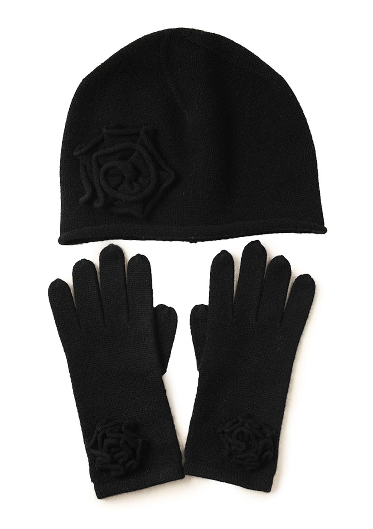 Mujer Conjunto de Gorro Beanie y Guantes de Punto, 100% Cachemira Suave Cálido Sombrero Tejido y Manopla de Dedos Completo con Flor de Ganchillo Hecho a Mano, Invierno 2 en 1 Conjunto Regalo