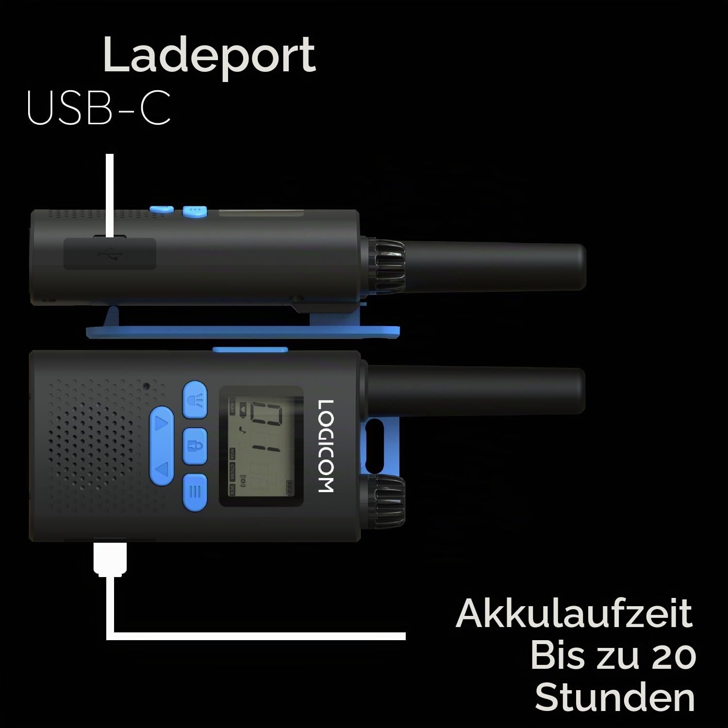 Logicom – Essential – Walkie-Talkie – PMR446 – lizenzfrei – bis zu 10 km Reichweite – 20 Std. Akkulaufzeit – LCD-Display – USB-C – Taschenlampe – VOX-Freisprechfunktion – 16 Kanäle – 1000 mAh Akku – 2