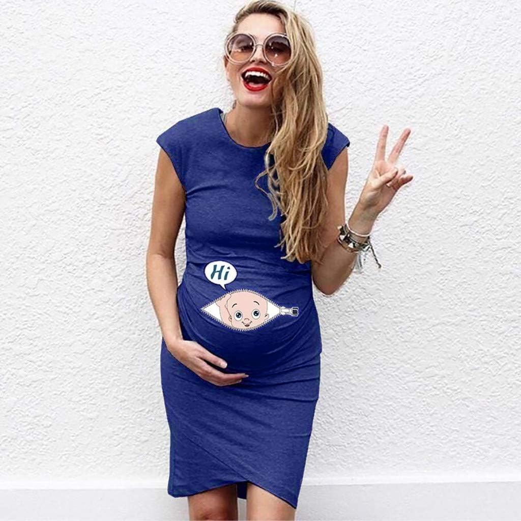 Pregnancy Dress Women Letter Cartoon Dress Nusring Print Maternity Pregnancy Sleeveless Dress Long Sleeve (Blue, XL)