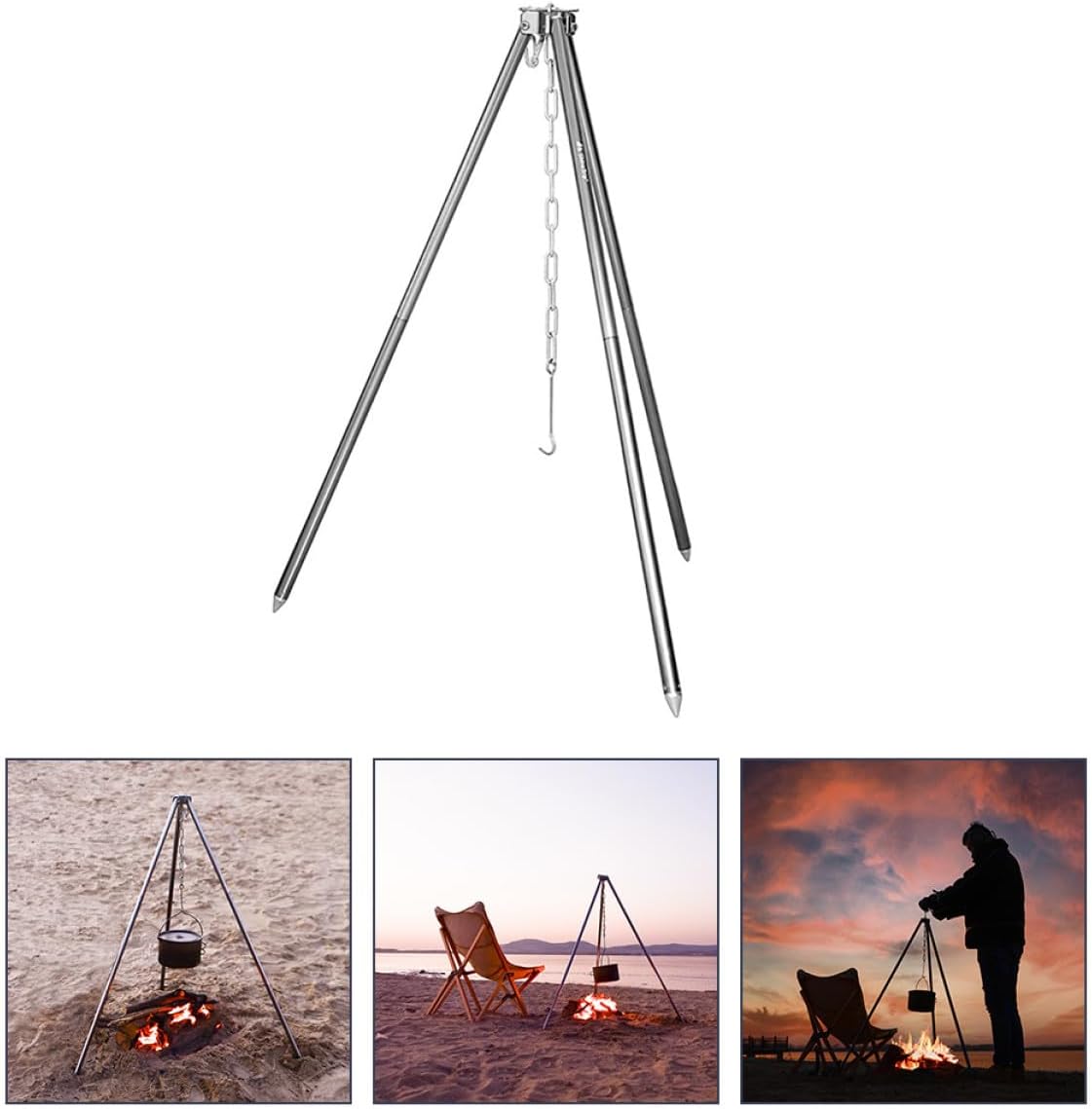 Adjustable Aluminum Camping Bonfire Tripod Grill Stand with Chain for Outdoor Cooking Portable Detachable Campfire Frame for Hiking Picnic Bbq and Adventure Trips