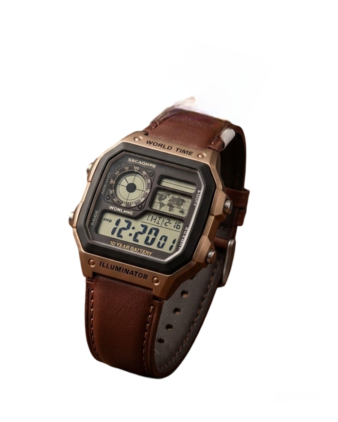 SRCAOMPE Digital Watch, World Time, Illuminator, 10 Year Battery, Brown Leather Strap, Square Dial-image-27
