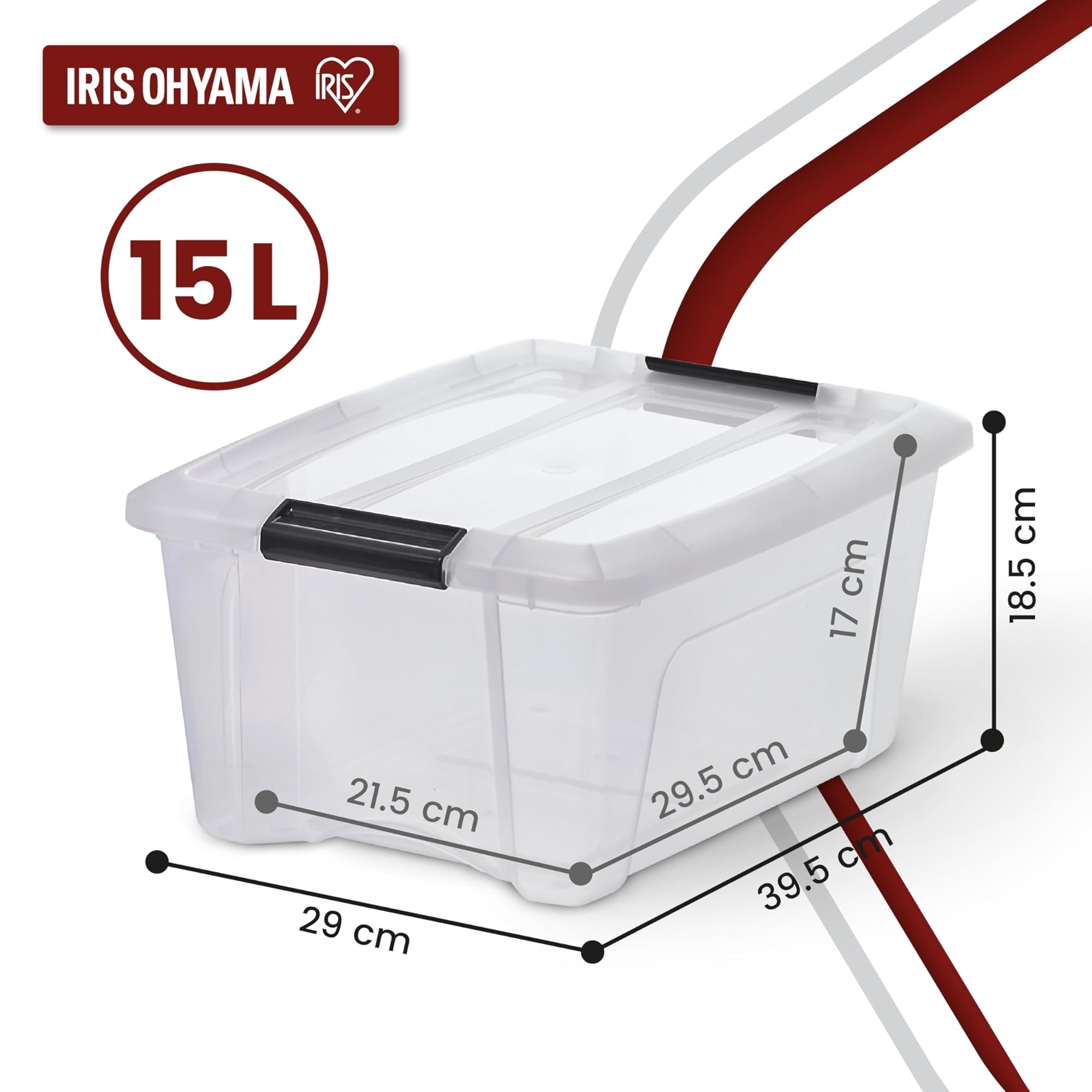 Iris Ohyama Scatole Portaoggetti in con Coperchio, 15L, Lotto di 4, Trasparente, Clip di Bloccaggio, Empilabile, Maniglia, Per Camera, Armadio, Ufficio, Organizzatore, Senza BPA, NTB-15