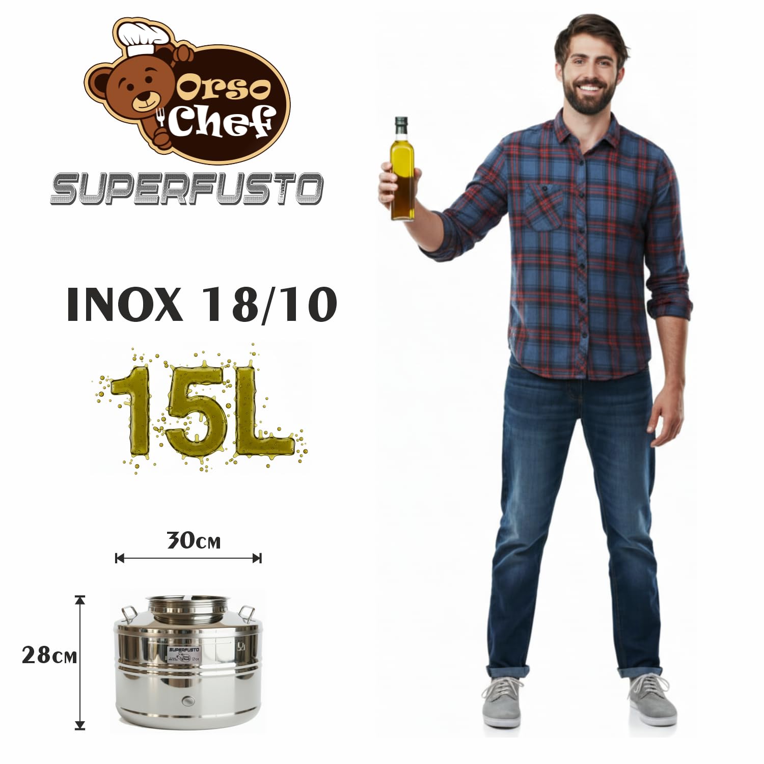 Fusto Inox 15 Litri per Olio e Vino – Extra Strong SALDATO Non Perdite in Acciaio con Rubinetto | Bidone Tanica Barile per Olio d’Oliva, Vino, Liquidi Alimentari