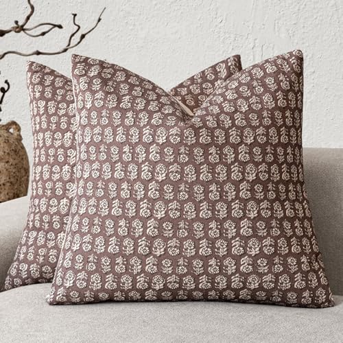 Image of Foindtower Set of 2 Decorative Vintage Floral Print Throw Pillow Covers Neutral Modern Farmhouse Cushion Covers Boho Home Decor for Sofa Chair Couch Bedroom Living Room,18x18 Inch,Wine Red