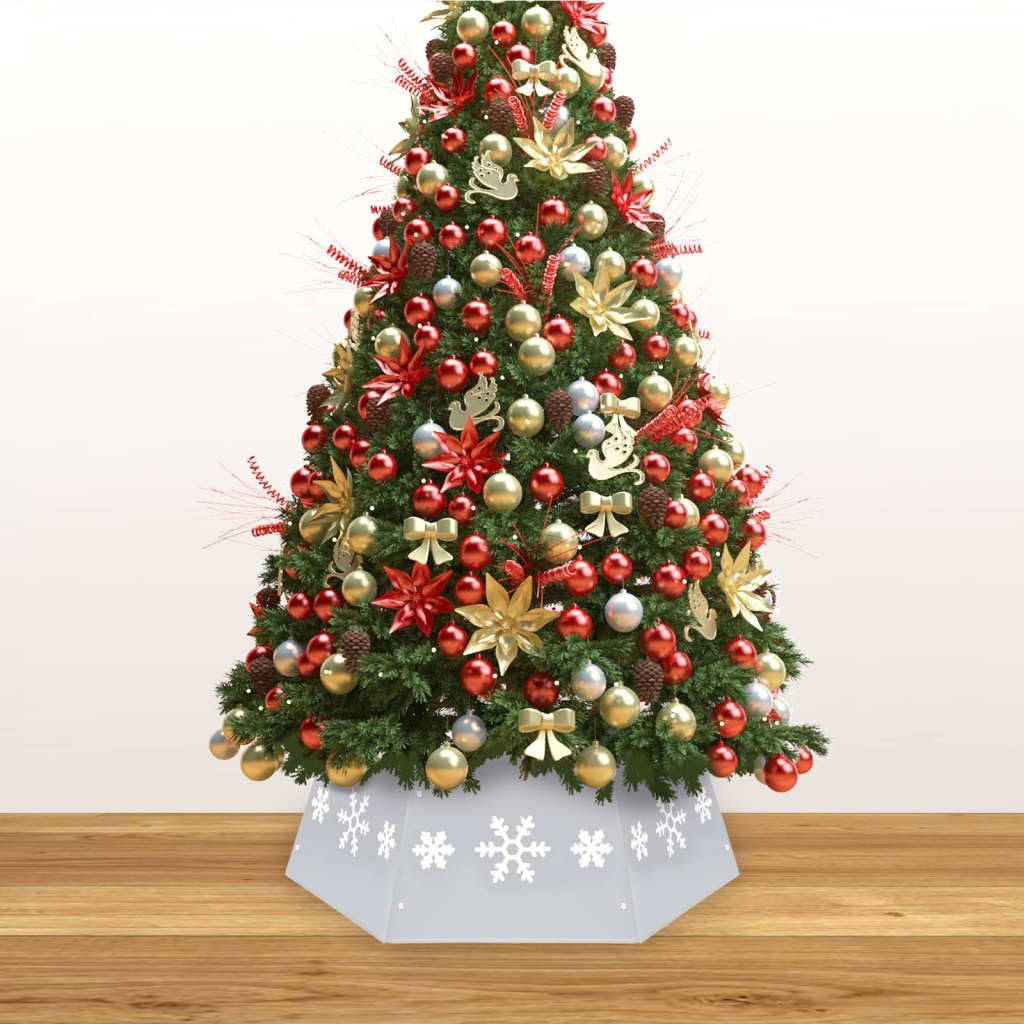 Jupe de Sapin de Noël en métal argenté et Blanc avec Motif de Neige, diamètre 68 cm Hauteur 25 cm, décoration saisonnière pour Pied d'arbre, Salon, Maison et fête hivernale