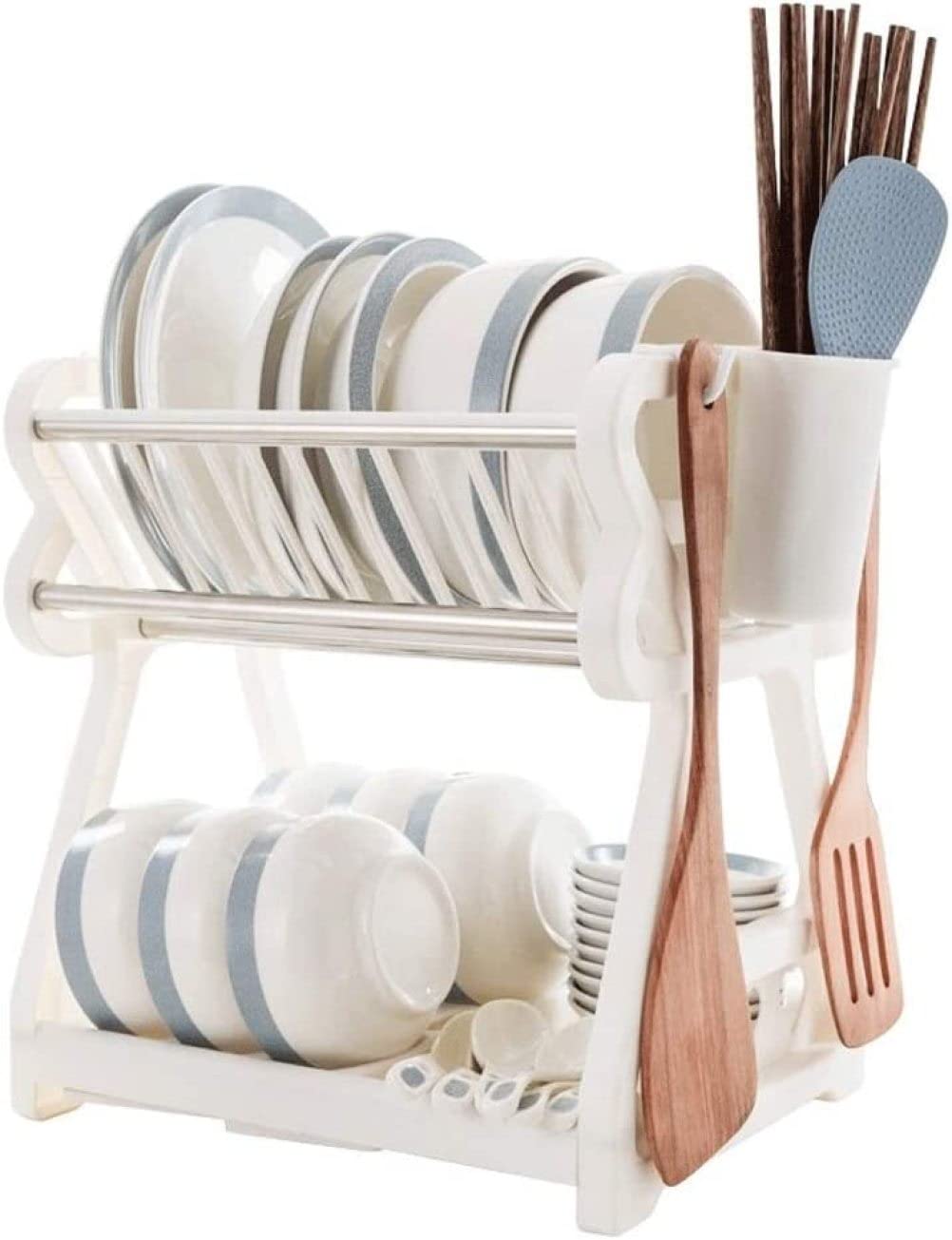Abtropfgestell, Abtropfgestell, 2-stöckig, Abtropfgestell für kleine Gerichte, Abtropfbrett-Set mit verstellbarem Drehauslauf, Geschirrkörbe, Besteckkorb