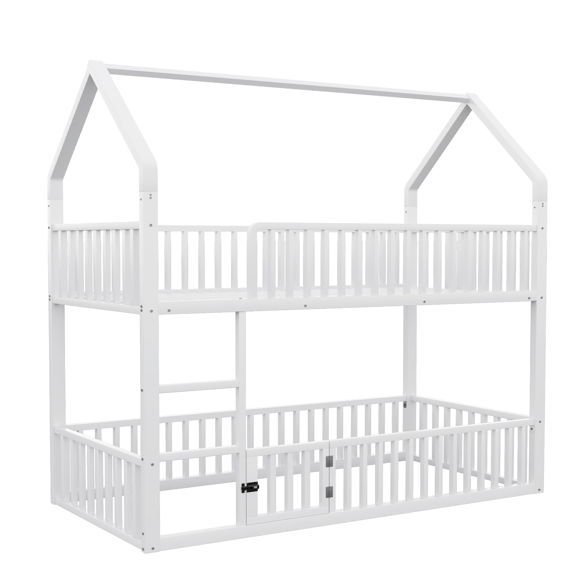 Letto a Castello per Bambini 90 * 200, Montessori letto per Ragazzi - 1 x Rete a doghe, Struttura in Metallo, Letto a forma di Casa per Bambini, Bianco(Senza Materasso)