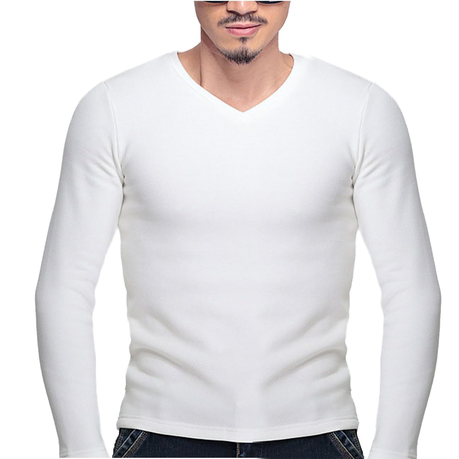 Maglietta da uomo a maniche lunghe con scollo a V, vestibilità muscolare, casual, aderente, termica, per uso quotidiano e stile atletico