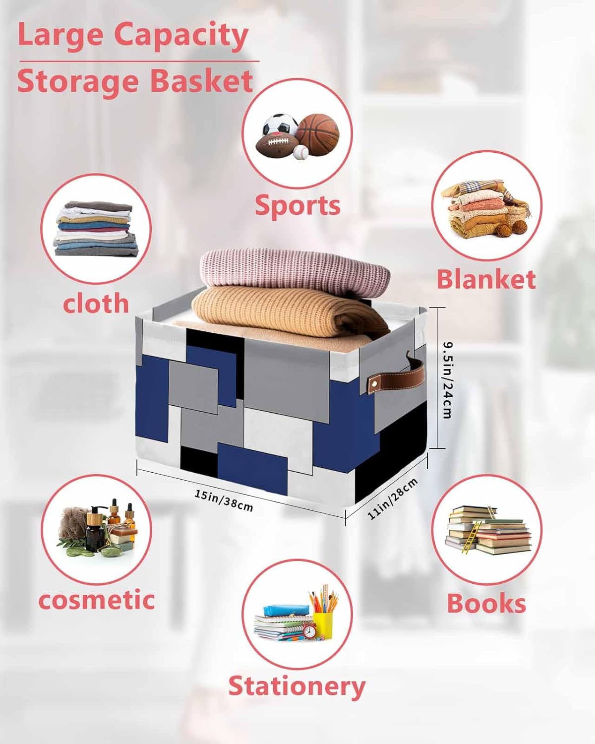 Storage Basket Abstract Geometric Large Foldable Storage Bins with Handles Mid Century Blue Nordic Waterproof Fabric Laundry Baskets for Organizing Shelves Closet Toy Gifts Bedroom Home Decor